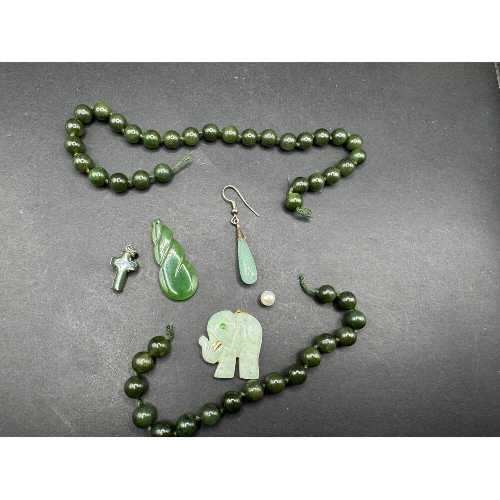 Vtg Green Jade Style Jewelry Lot Carved Elephant Cross w/ GF Beads & Pendants